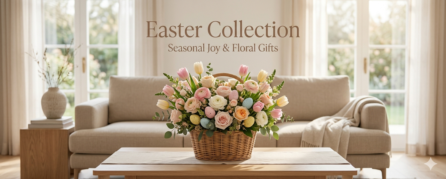 Bouquet of flowers on a coffee table with 'Easter Collection' text in a living room setting.