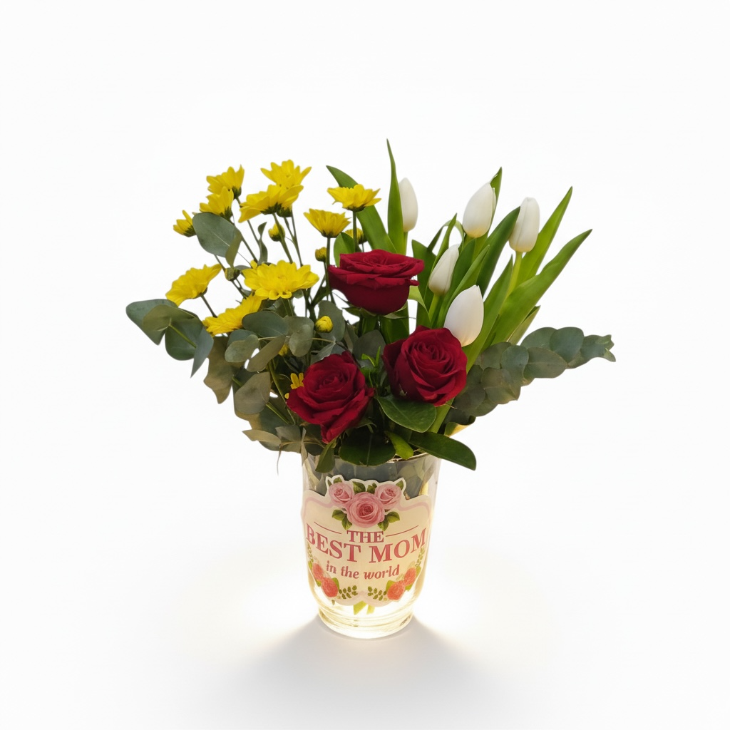 Bouquet of flowers in a vase with 'The Best Mom in the world' text on a white background