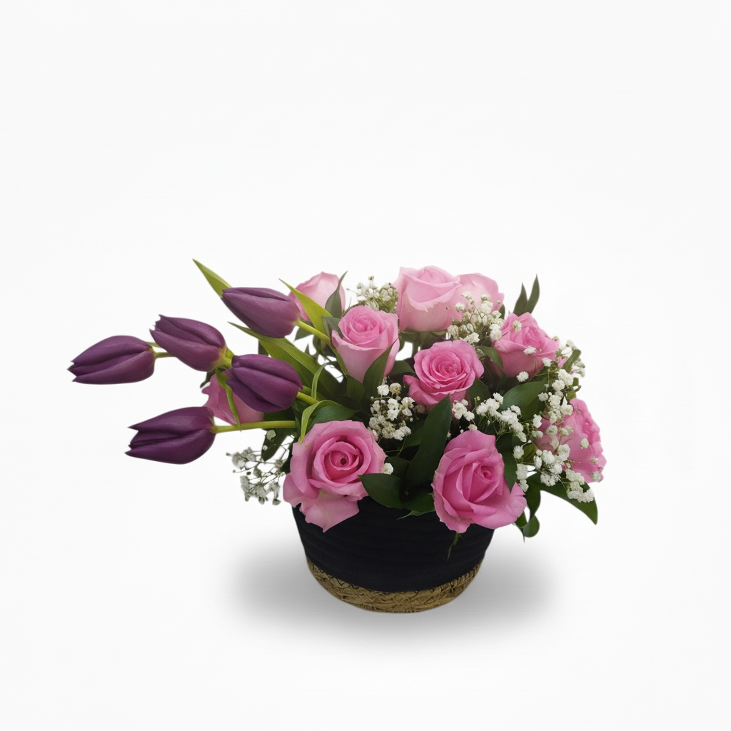 Bouquet of pink roses and purple tulips in a black pot on a white background