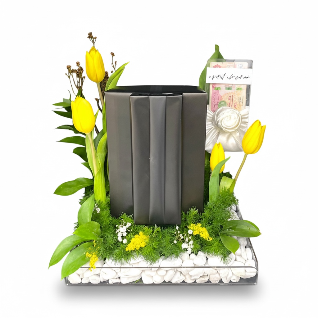 Decorative planter with yellow flowers and greenery on a white background