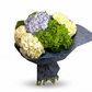 Bouquet of hydrangeas in blue, green, and white on a white background