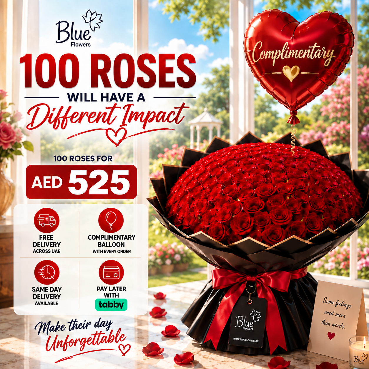 100 Premium Red Roses Bouquet + Free Delivery & Complimentary Balloon