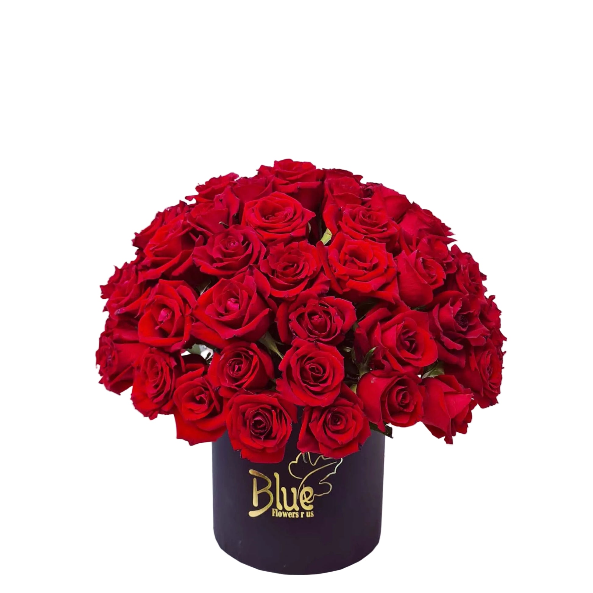 Bouquet of red roses in a black box with 'Blue Flowers & Gifts' branding on a light gray background.