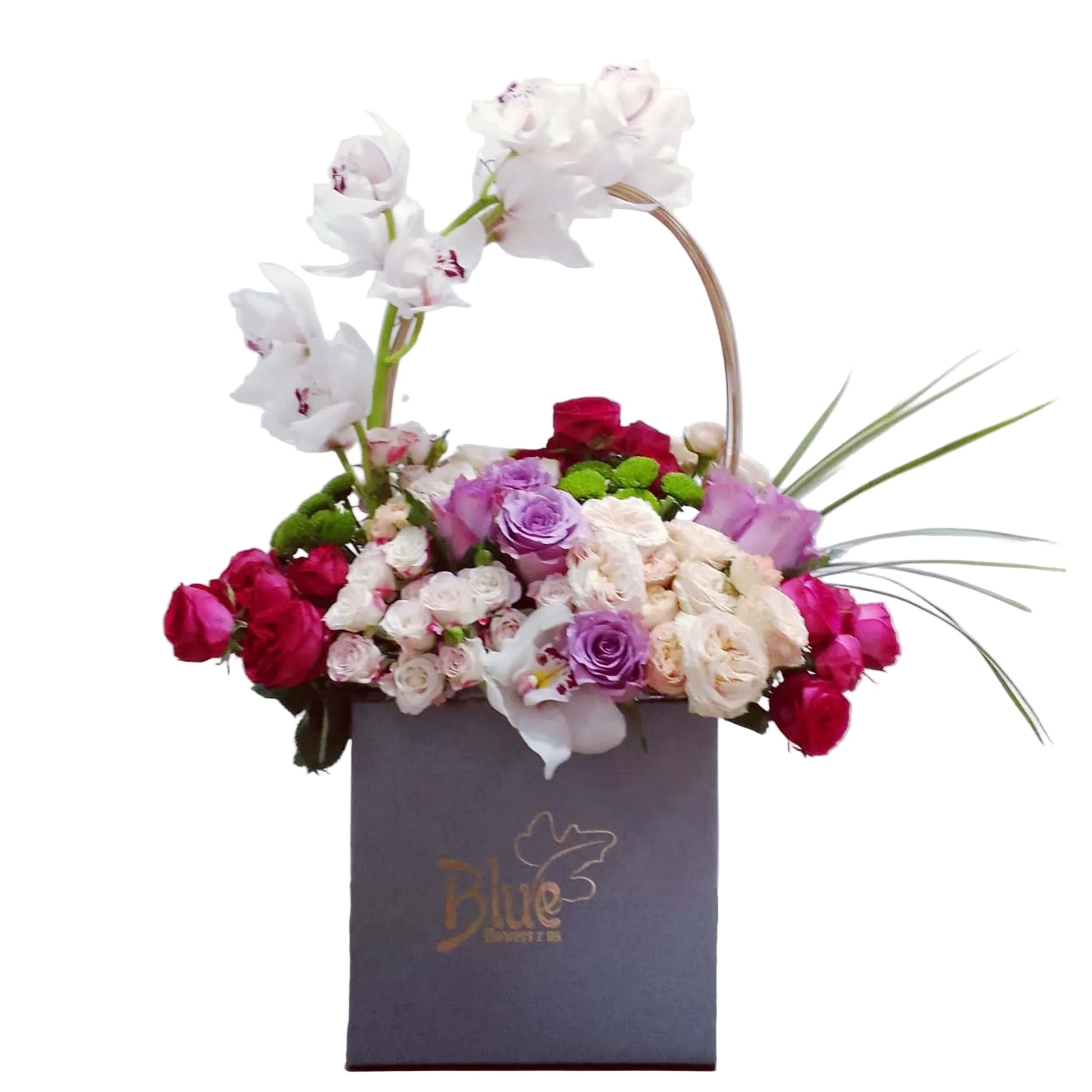Floral arrangement in a box with a visible brand logo on a white background